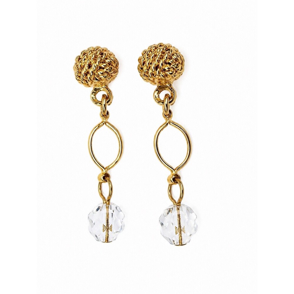 Vintage Gold Tone Knot Ball Dangle Earrings Faceted Clear Crystal Bead Drop Post